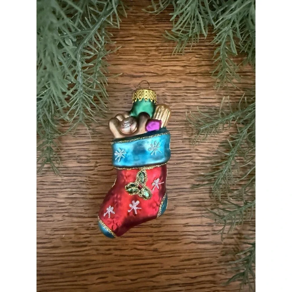 UFG Ursa Fine Glass Stocking Ornament Poland Hand-Blown Red Blue‎ Gold 4.75″